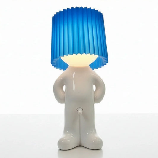 Larry character lamp with blue ribbed shade