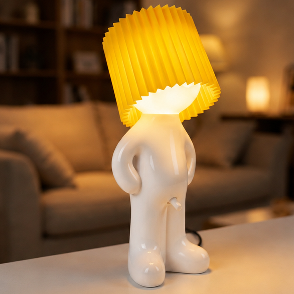 Larry novelty lamp with yellow shade and warm light