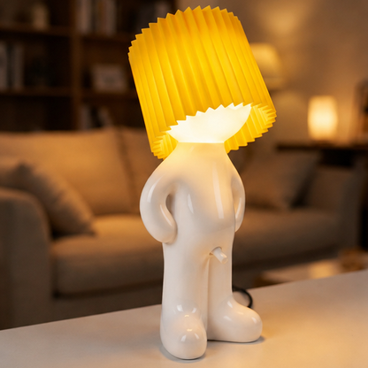 Larry novelty lamp with yellow shade and warm light