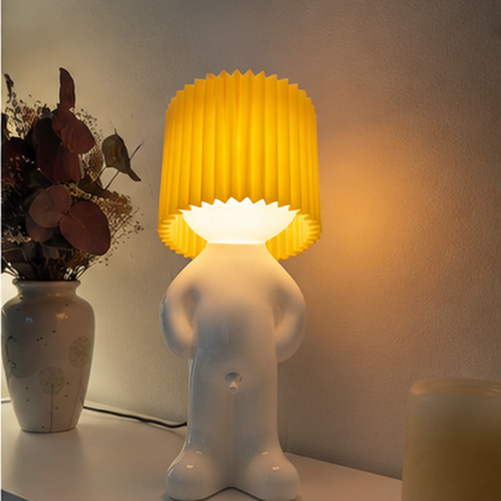 Yellow Larry table lamp illuminating a side table