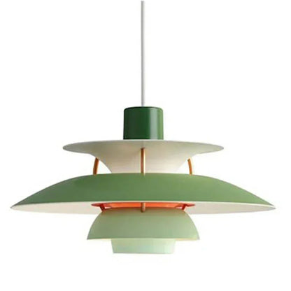 Green layered metal pendant on white background