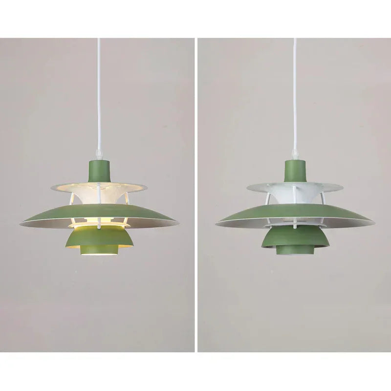 Green and white layered pendant shown with light on and off