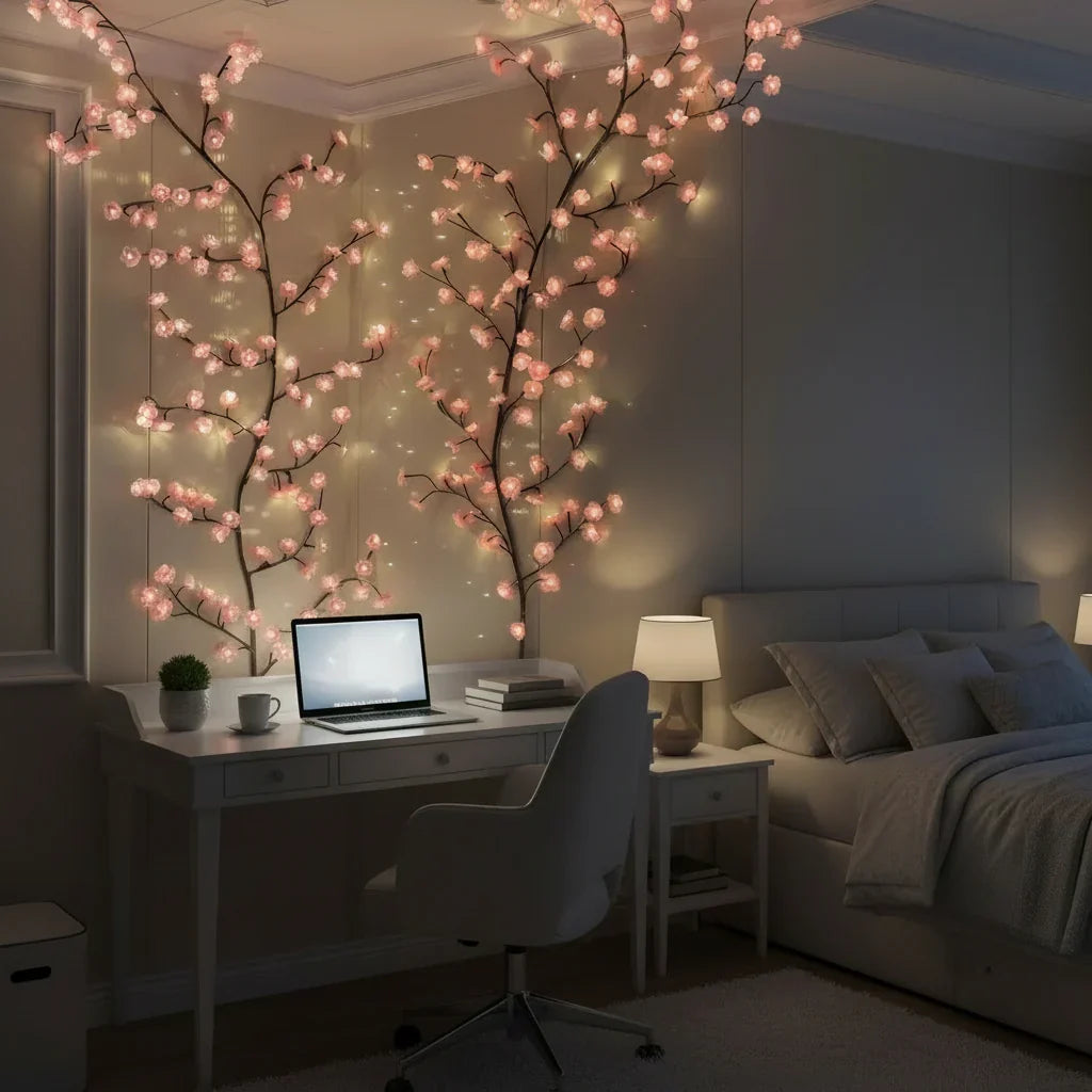 Pink cherry blossom branch lights above a desk