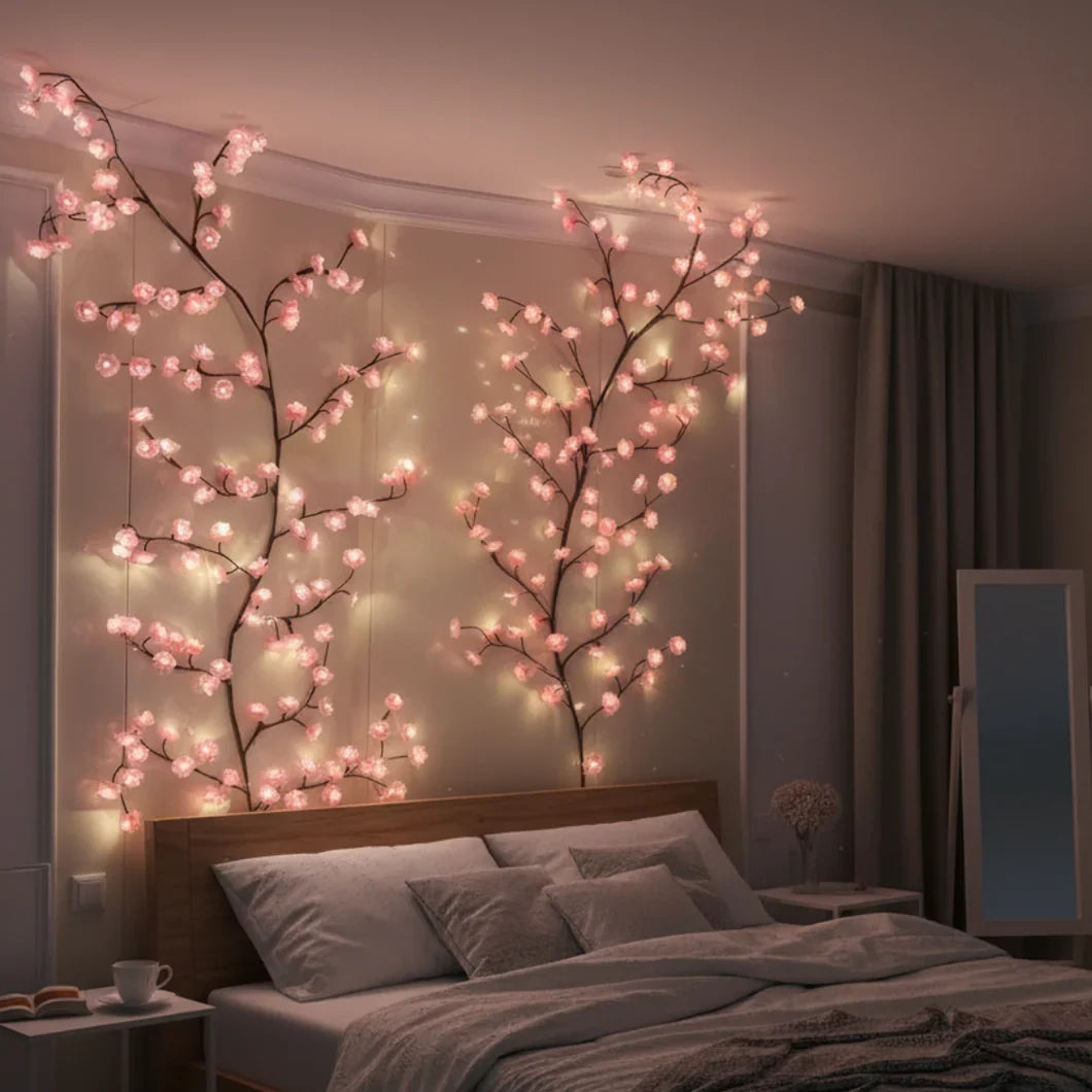 Pink illuminated blossom branches above a bed