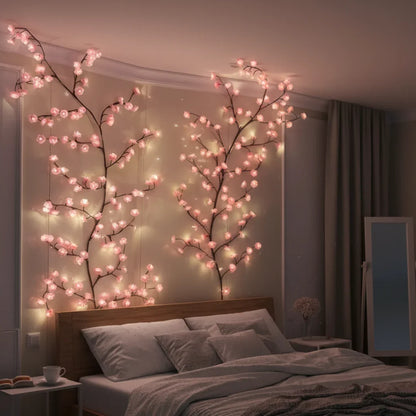 Pink illuminated blossom branches above a bed