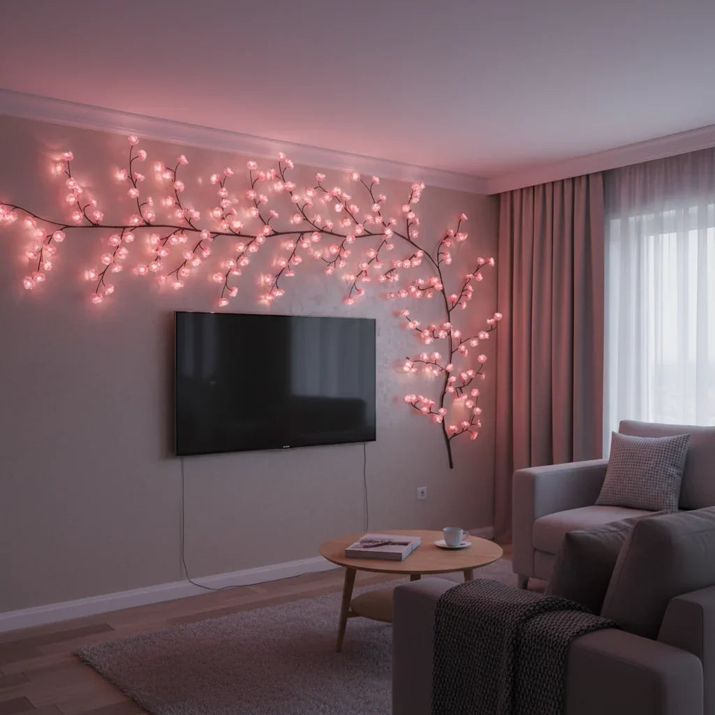 LED cherry blossom lights arranged around a television