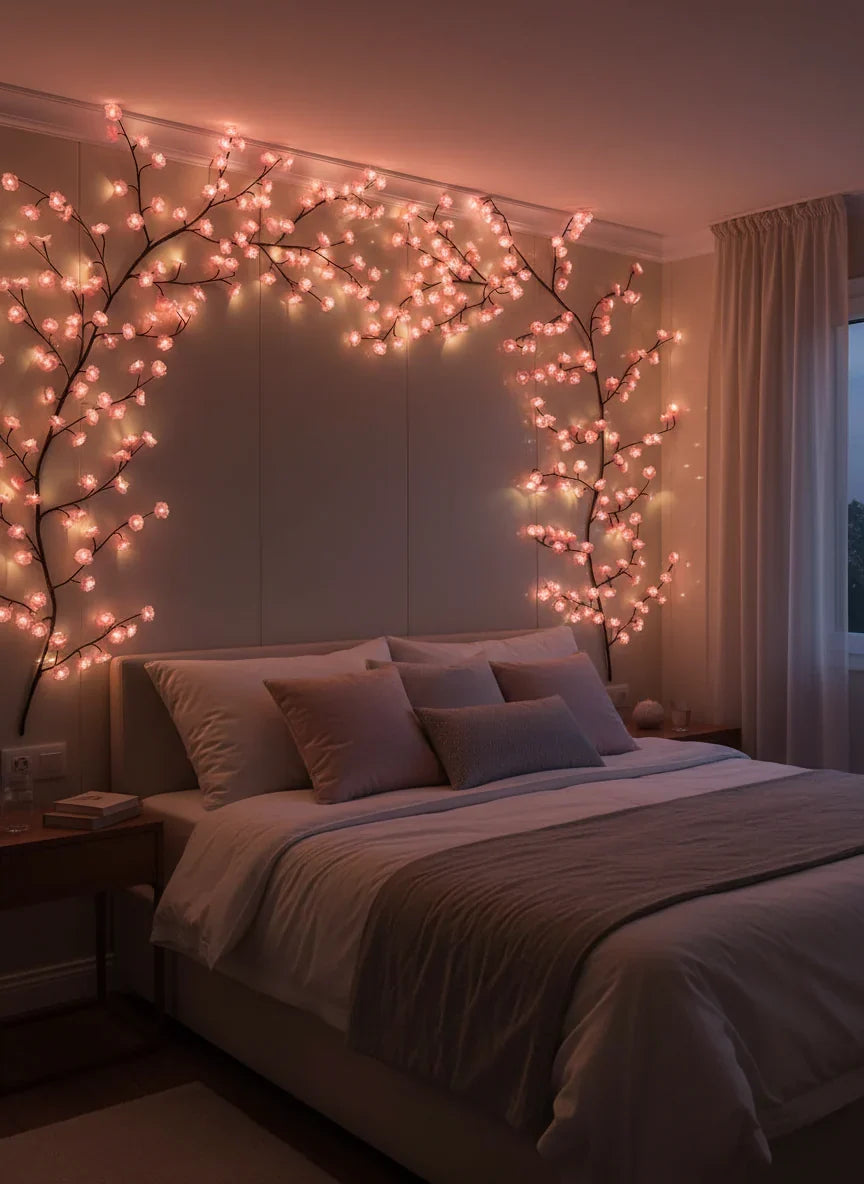 Pink blossom branch lights decorating a bedroom wall