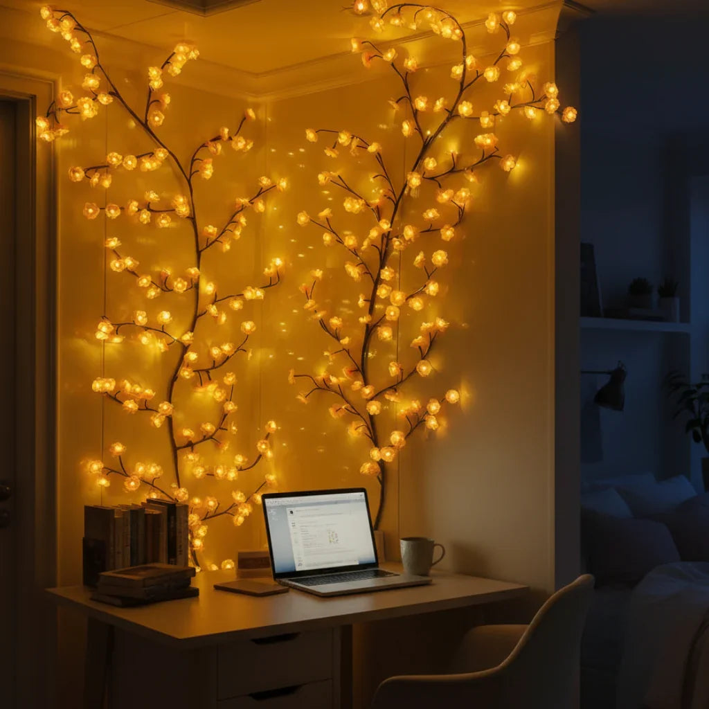 Yellow cherry blossom lights above a desk