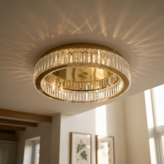 Gold crystal ring flush mount chandelier casting patterns on the ceiling