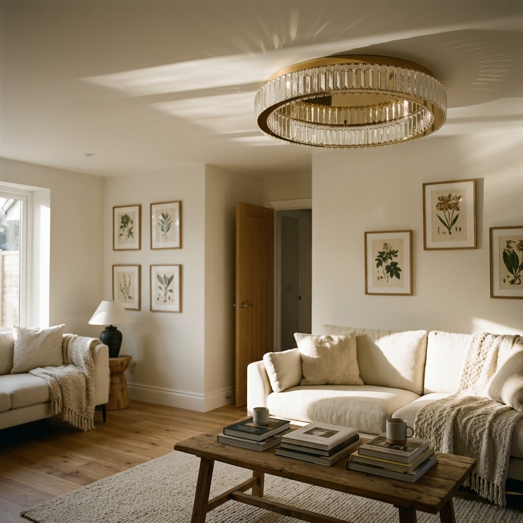 Crystal ring chandelier above a living room seating area