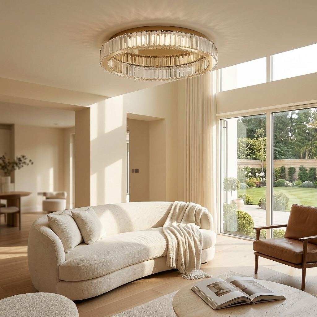 Gold crystal ring chandelier in a bright living room
