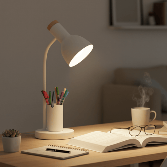 White LED desk lamp with pen holder beside an open book