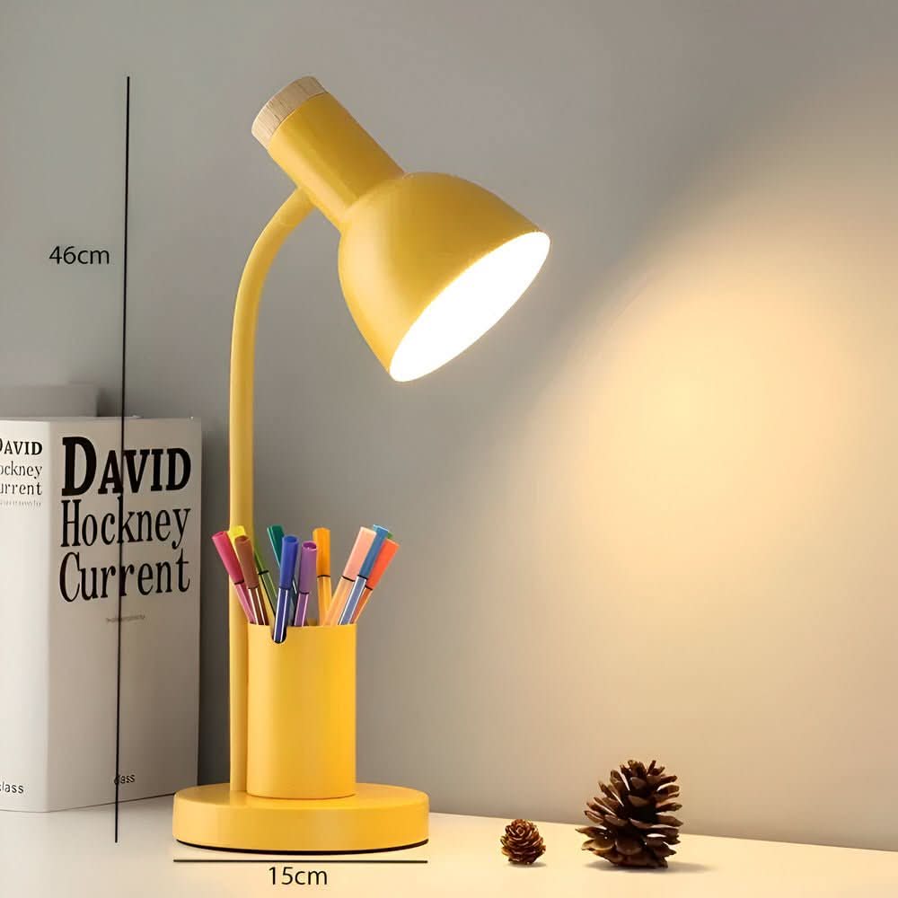 Yellow pen-holder desk lamp measuring 46 cm high and 15 cm across