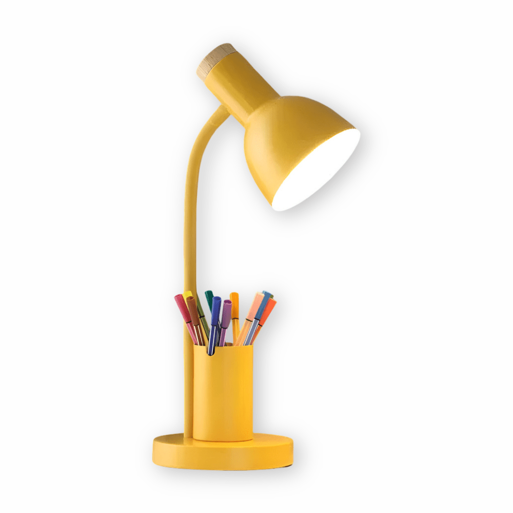 Yellow iron LED desk lamp with pen holder