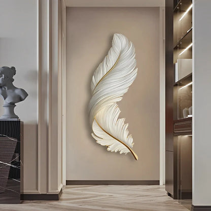 A vertical white LED feather wall lamp mounted in a modern hallway, featuring a detailed textured design with gold accents for elegant ambient lighting.