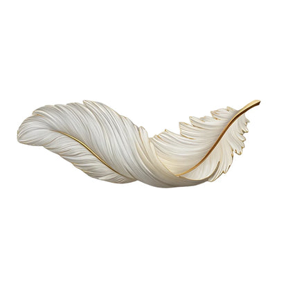 A decorative wall lamp shaped like a white feather with elegant gold detailing, designed for modern ambient lighting in a contemporary home interior.