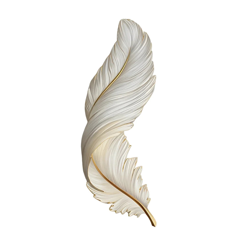 Modern white feather-shaped LED wall lamp with elegant gold detailing, designed to provide ambient lighting for a stylish contemporary interior.