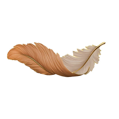 Modern wall lamp featuring an elegant, curved feather design in soft brown and cream tones with a gold-coloured trim for ambient LED lighting.