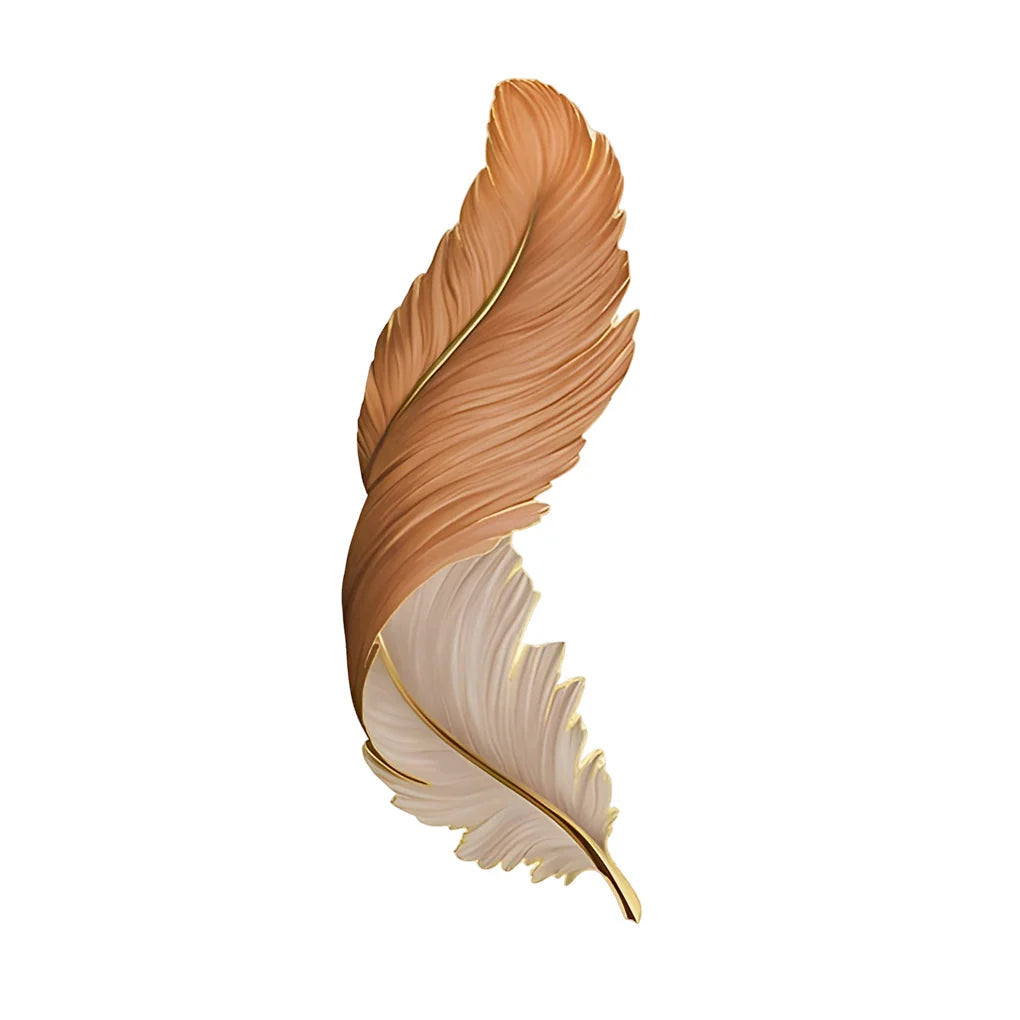 A modern LED wall lamp shaped like a large, elegant feather with a two-tone design featuring warm brown and cream textures against a white background.