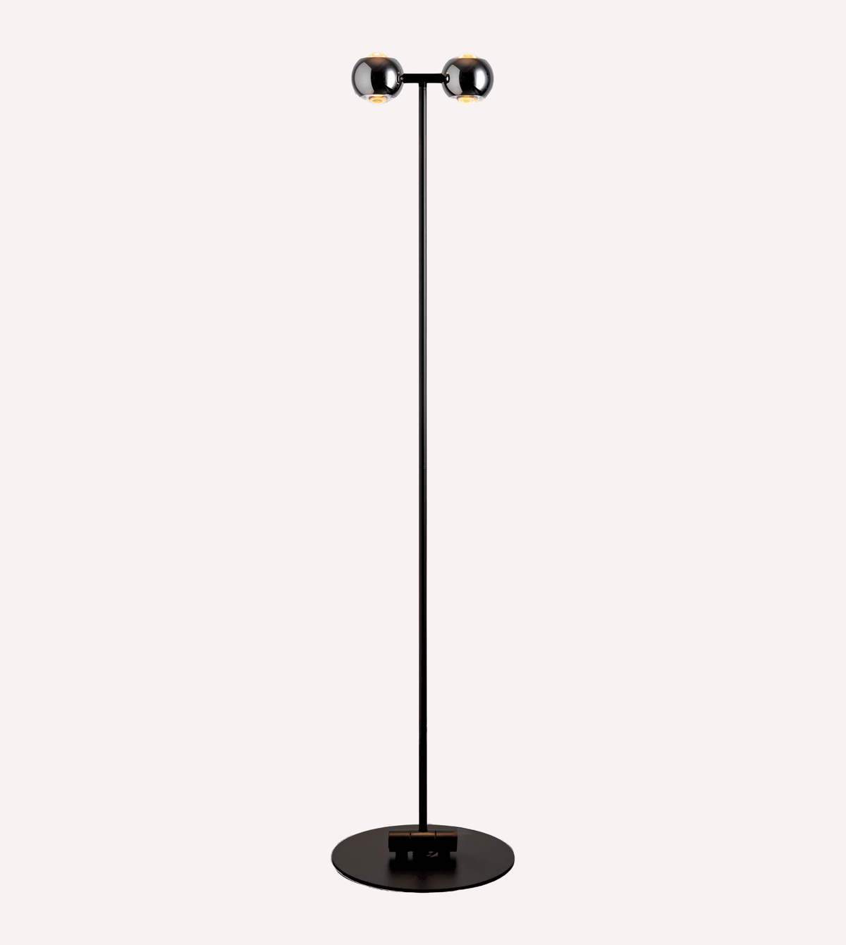 Full view of the black chrome twin-head floor lamp