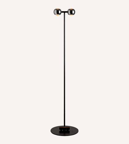 Full view of the black chrome twin-head floor lamp