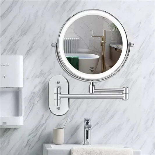 Silver LED magnifying wall mirror with an extending arm in a bathroom