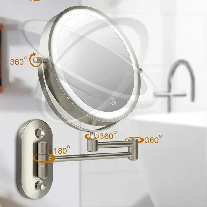 LED wall mirror showing the swivel movement of its frame and extending arm