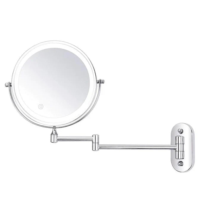 Silver LED wall mirror with its arm fully extended