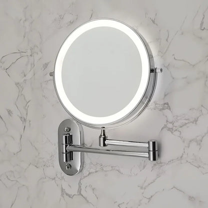 Silver LED wall mirror with a lit ring and swivel arm