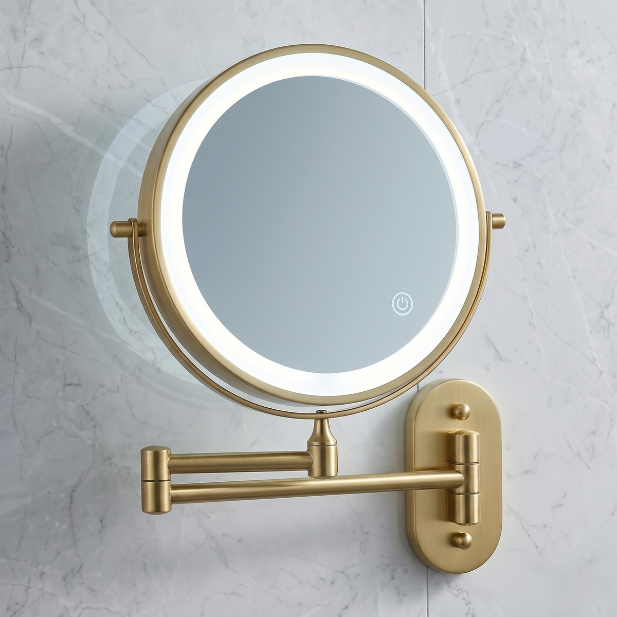 Gold LED magnifying wall mirror with illuminated ring