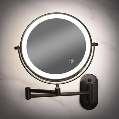 Black LED wall mirror with extending swivel arm