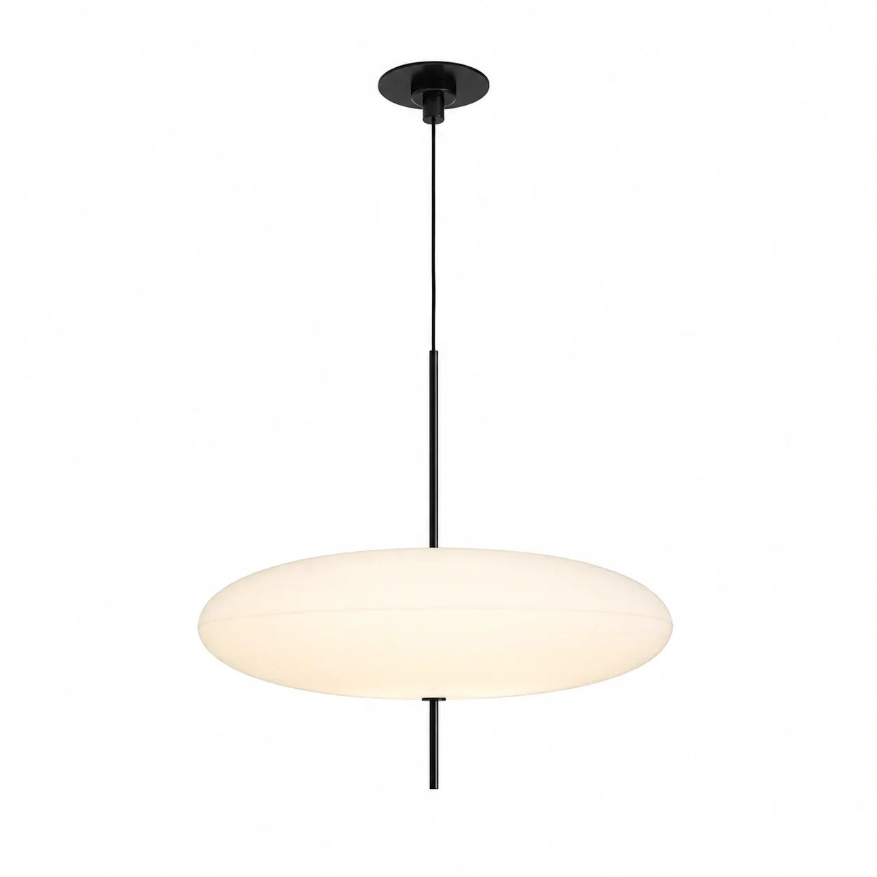 Modern LED pendant light with a minimalist flying saucer design, featuring a smooth white disc shade suspended by a sleek black rod against a white backgro