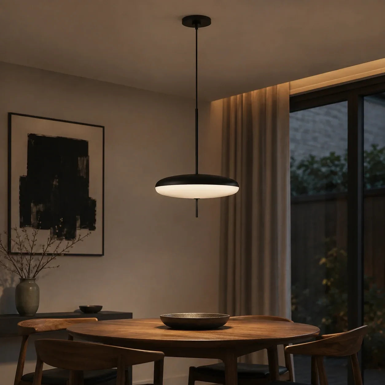 A modern black LED flying saucer pendant light hanging above a round wooden dining table in a warm, contemporary dining room setting.