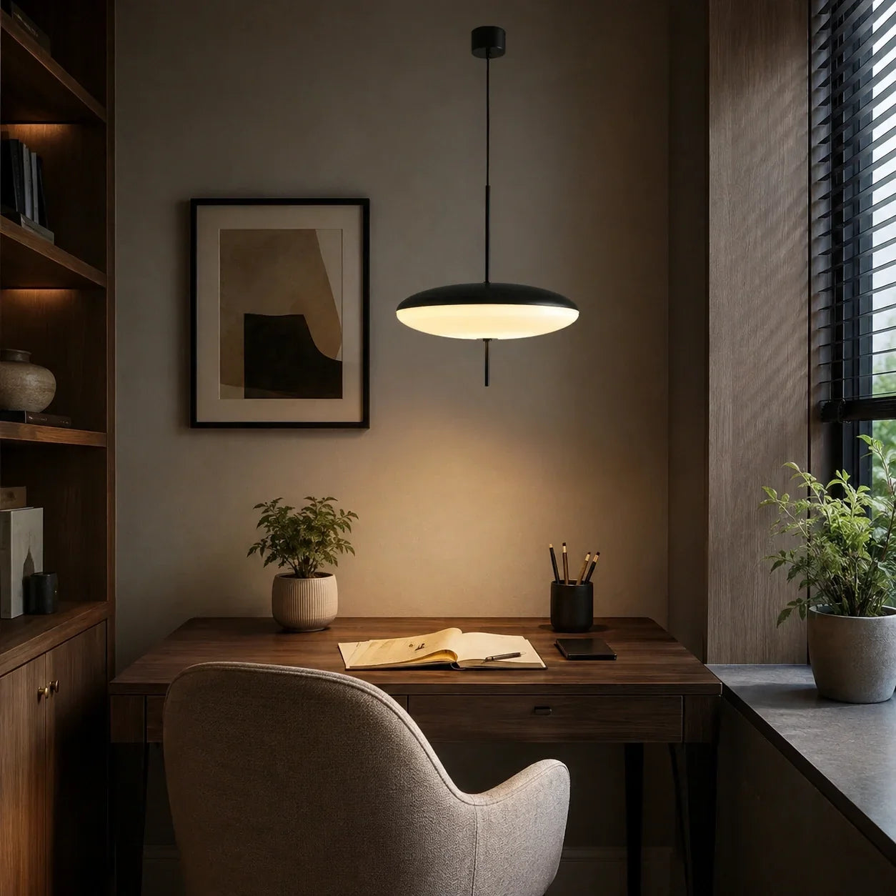 Modern black LED pendant light with a flying saucer design illuminating a wooden home office desk with a chair, plants, and a framed wall print.