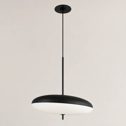 Modern LED pendant light featuring a sleek black and white flying saucer design, suspended by a slim black rod, ideal for contemporary dining rooms.