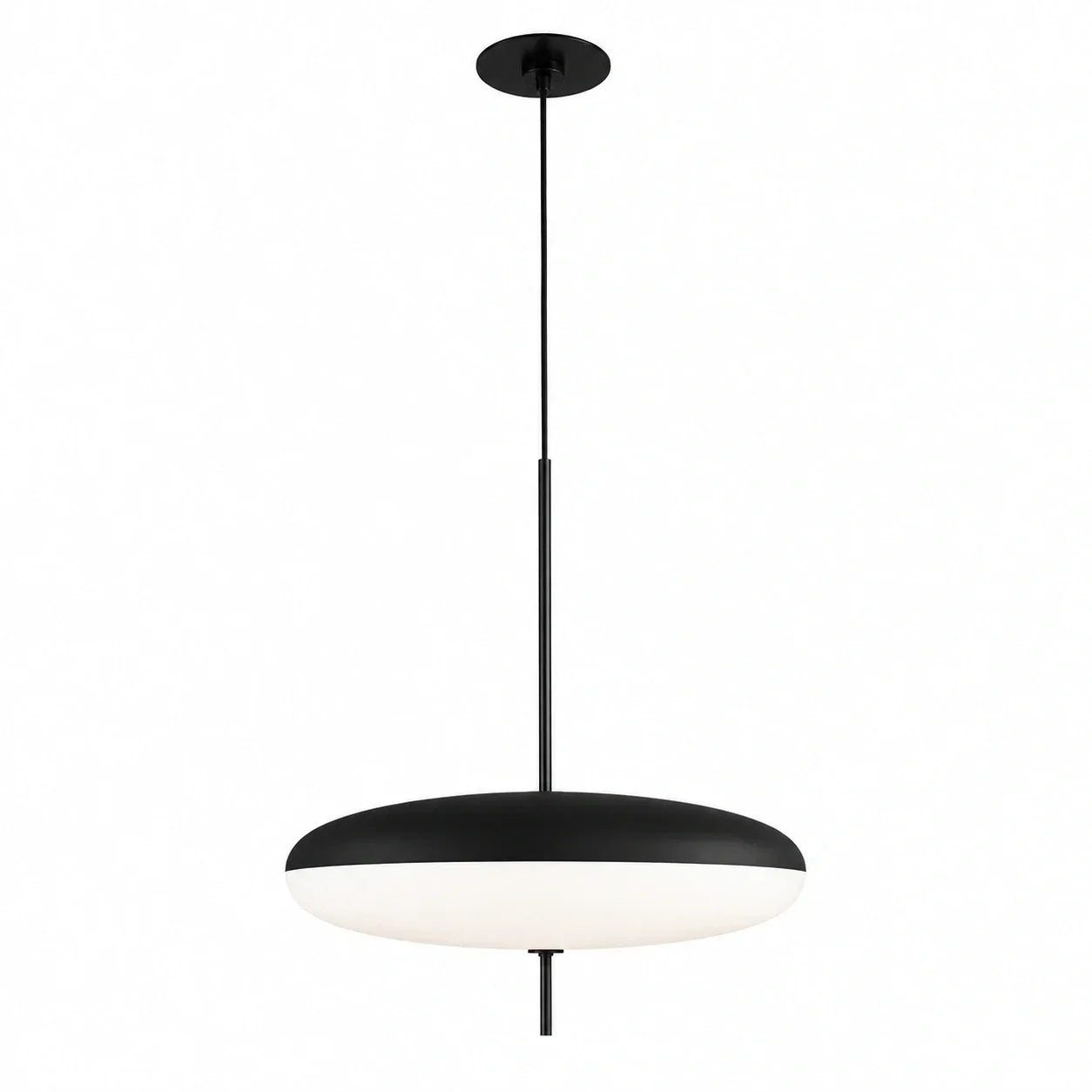 Modern LED pendant light featuring a sleek black flying saucer design with a white diffuser, suspended from a matching black ceiling mount.