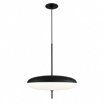 Modern LED pendant light featuring a sleek black flying saucer design with a white diffuser, suspended from a matching black ceiling mount.