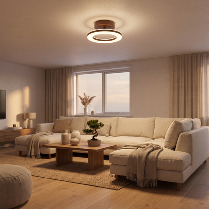 LED Ring Semi-Flush Ceiling Light with Wood-Effect Trim
