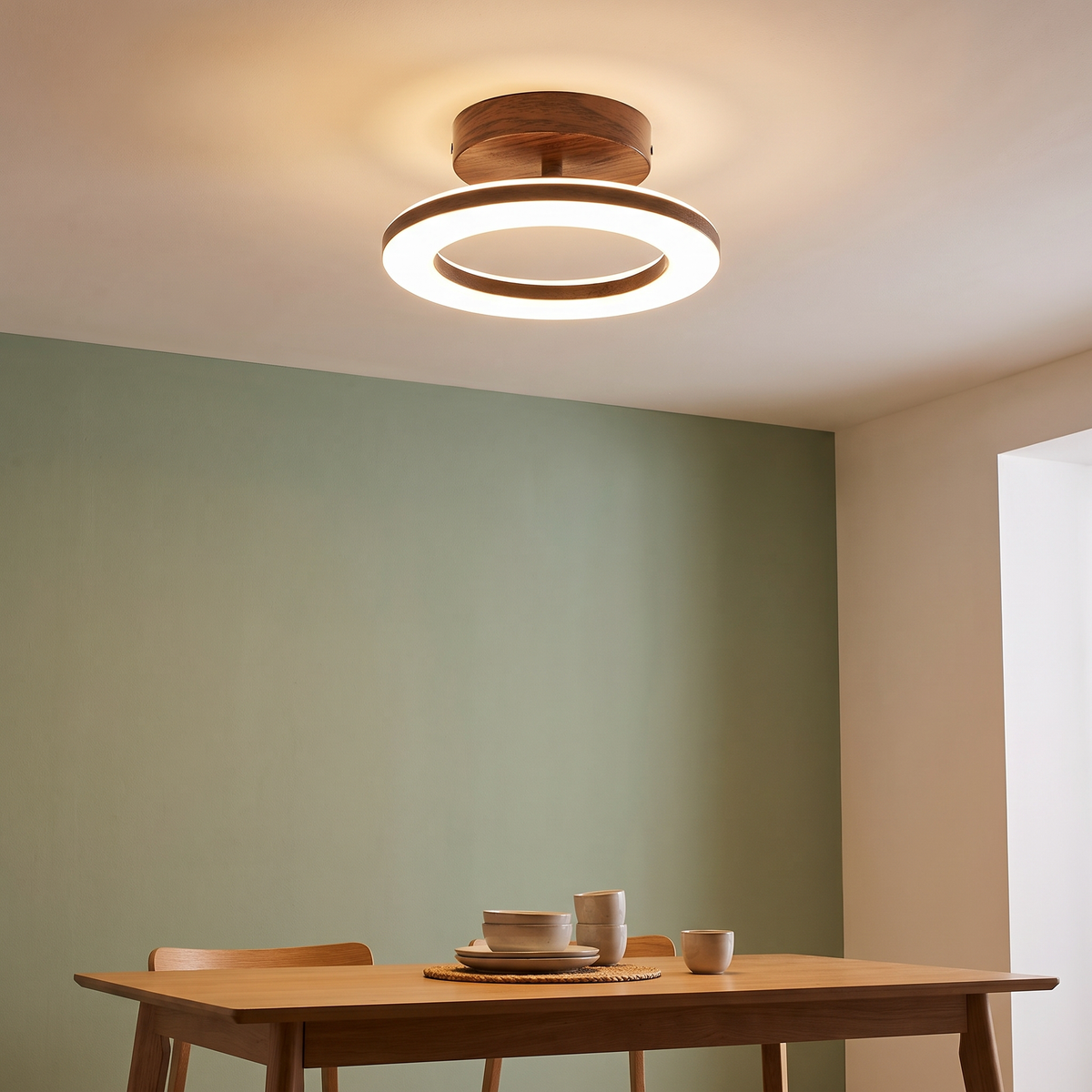LED Ring Semi-Flush Ceiling Light with Wood-Effect Trim