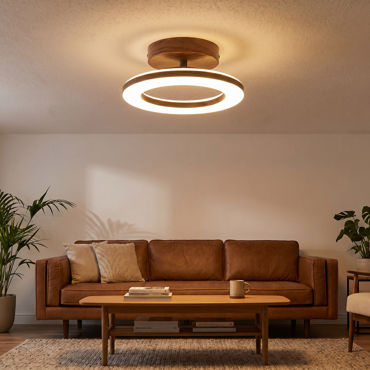 LED Ring Semi-Flush Ceiling Light with Wood-Effect Trim