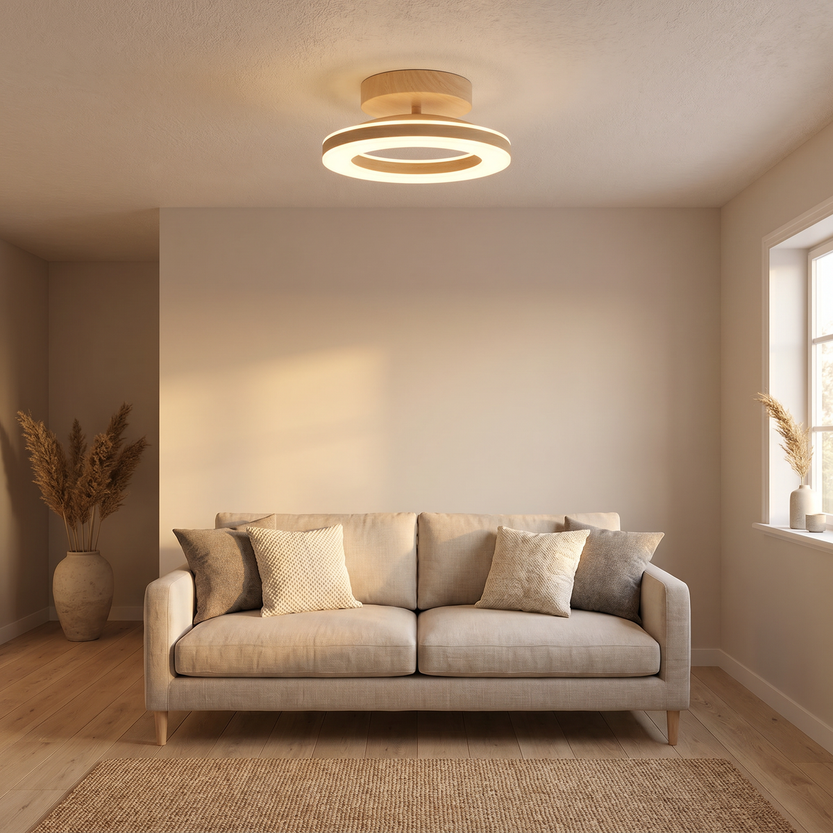 LED Ring Semi-Flush Ceiling Light with Wood-Effect Trim