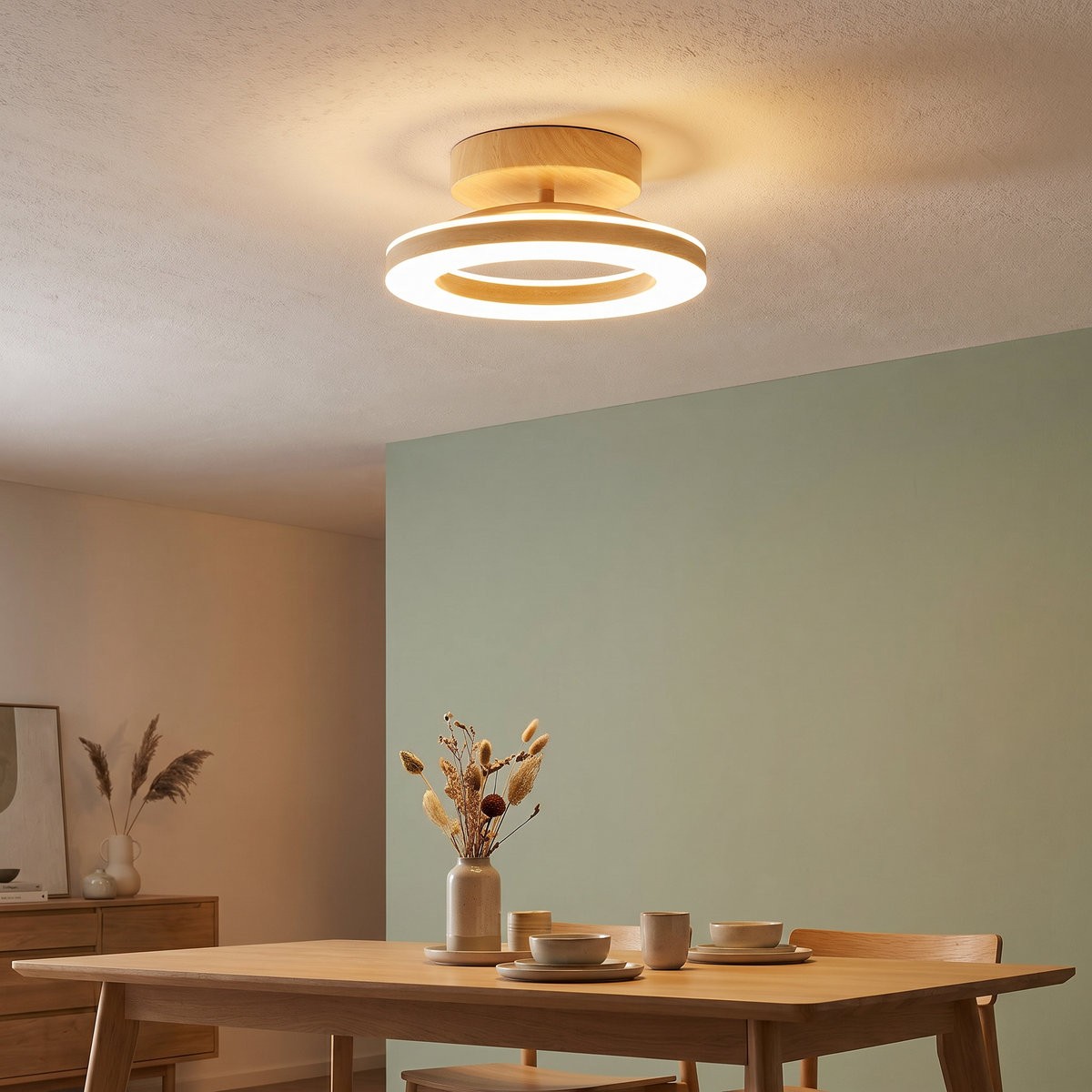 LED Ring Semi-Flush Ceiling Light with Wood-Effect Trim