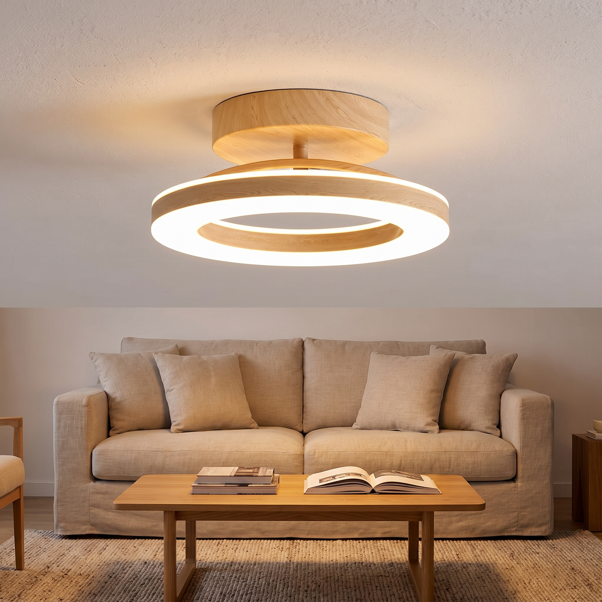 LED Ring Semi-Flush Ceiling Light with Wood-Effect Trim