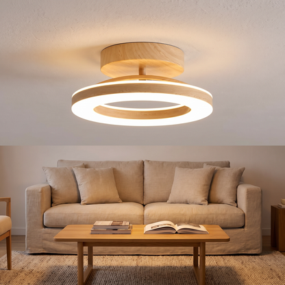 LED Ring Semi-Flush Ceiling Light with Wood-Effect Trim