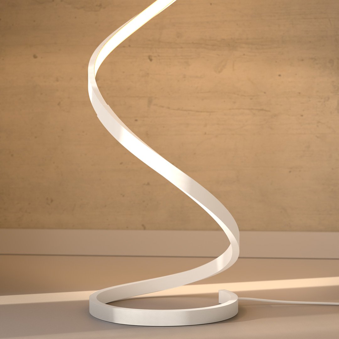 White spiral LED floor lamp with illuminated edge and round base
