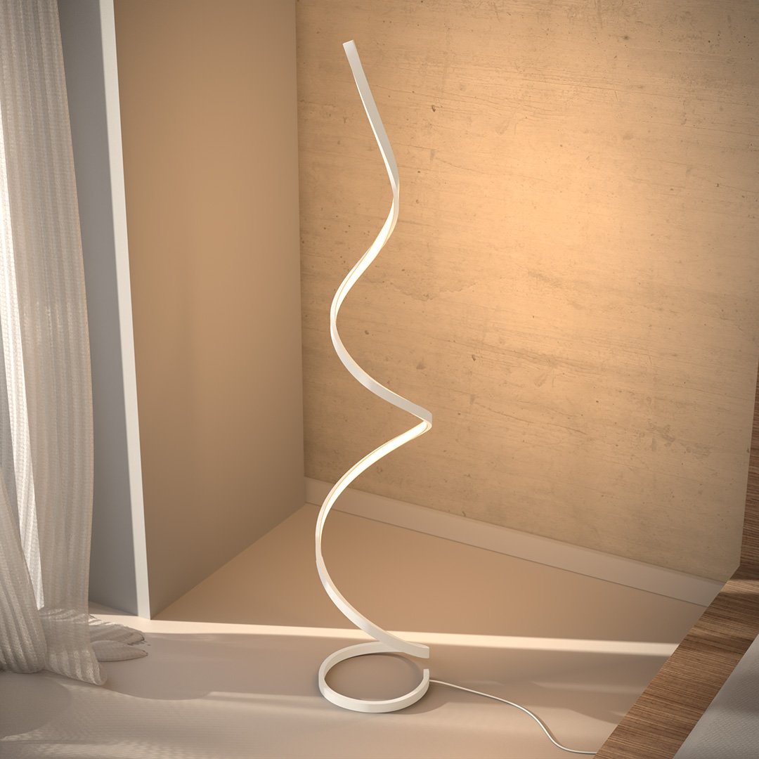White spiral floor lamp in a room corner with power cord