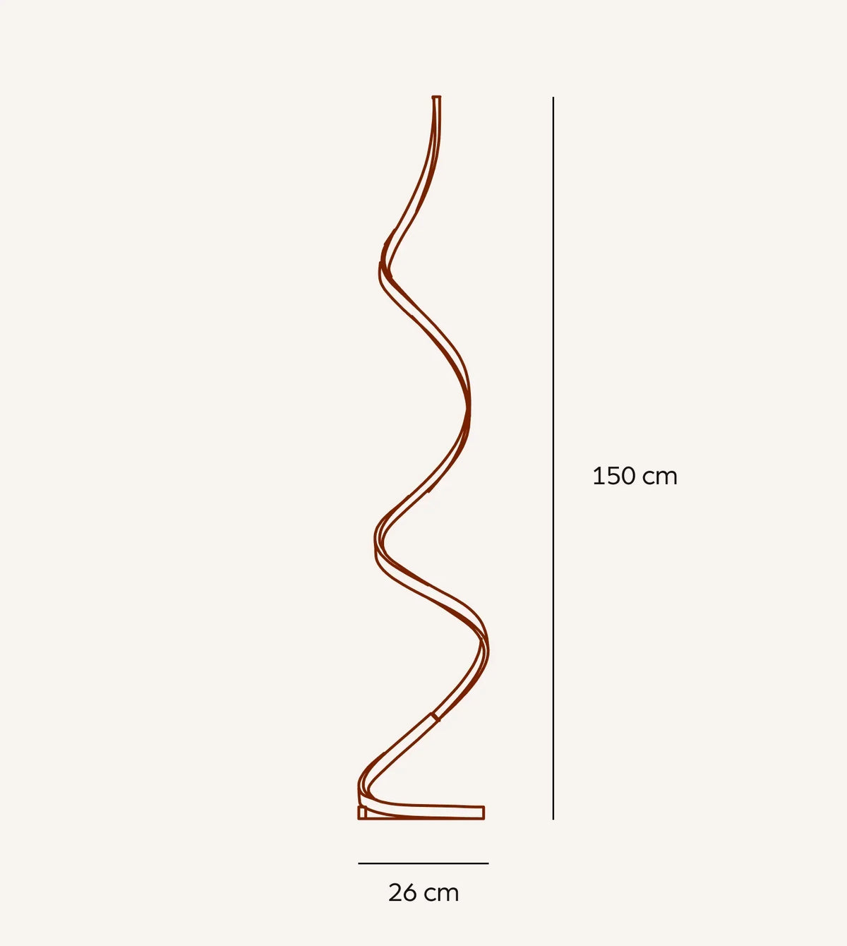 Spiral floor lamp dimensions: 150 cm height and 26 cm base