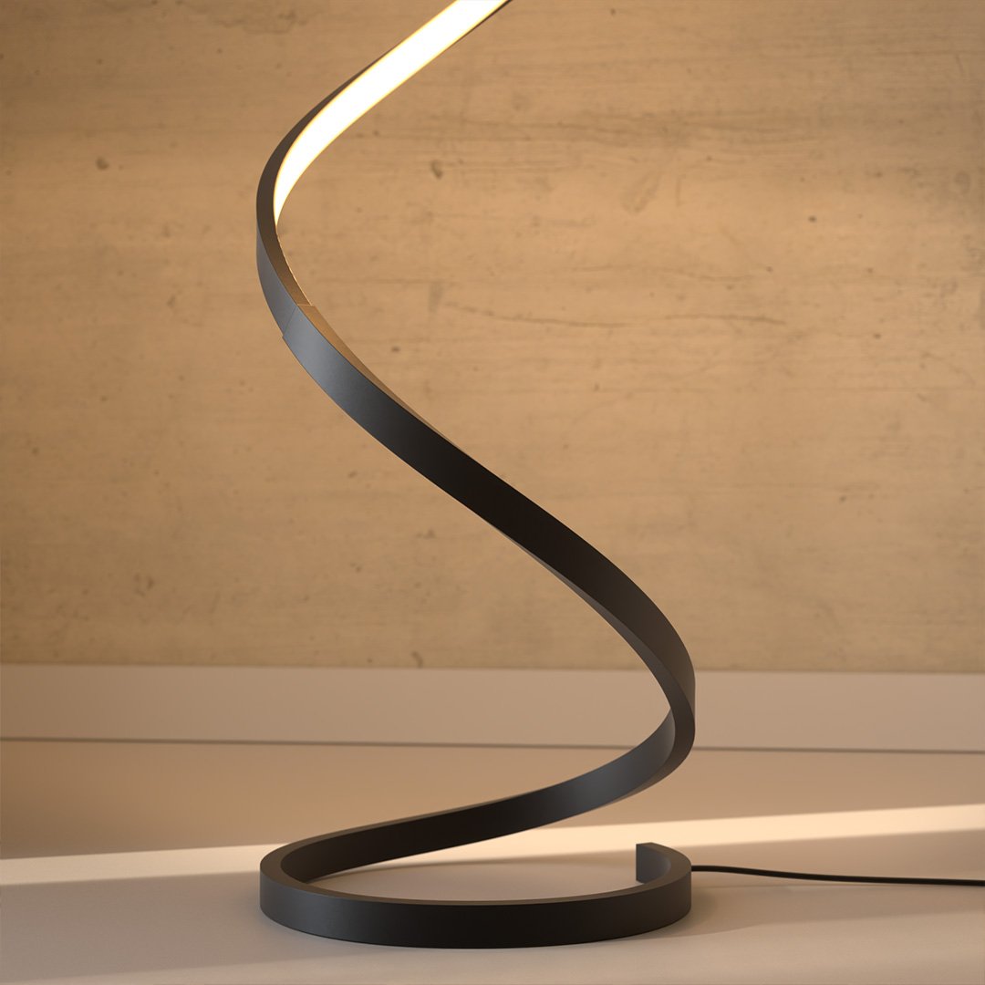 Black spiral LED floor lamp with illuminated edge and round base
