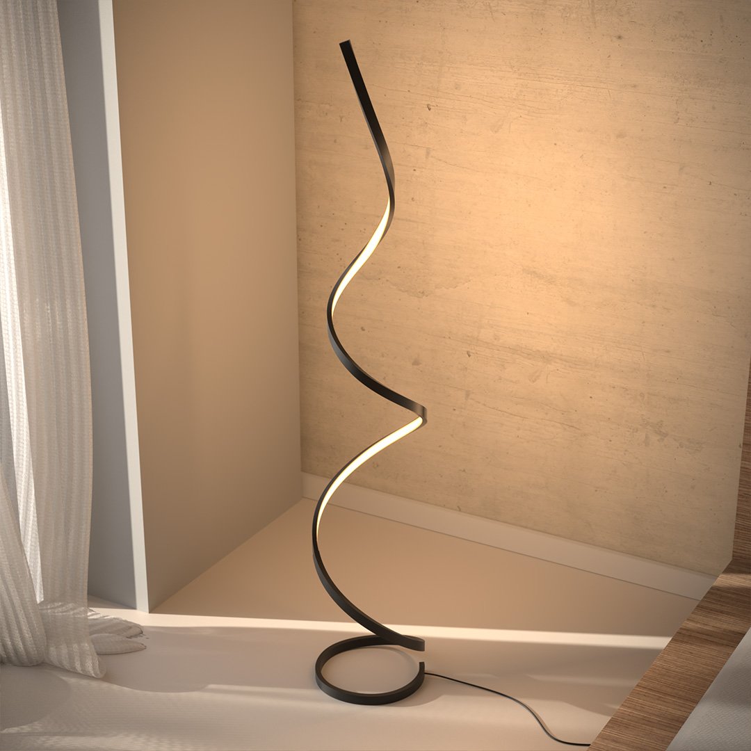 Black spiral floor lamp in a room corner with power cord
