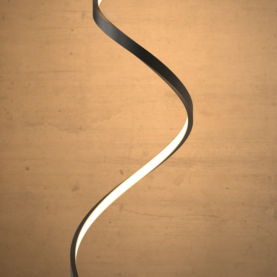 Close-up of the black spiral floor lamp's illuminated edge
